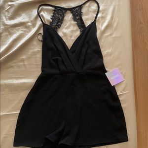 Crepe wrap lace black playsuit